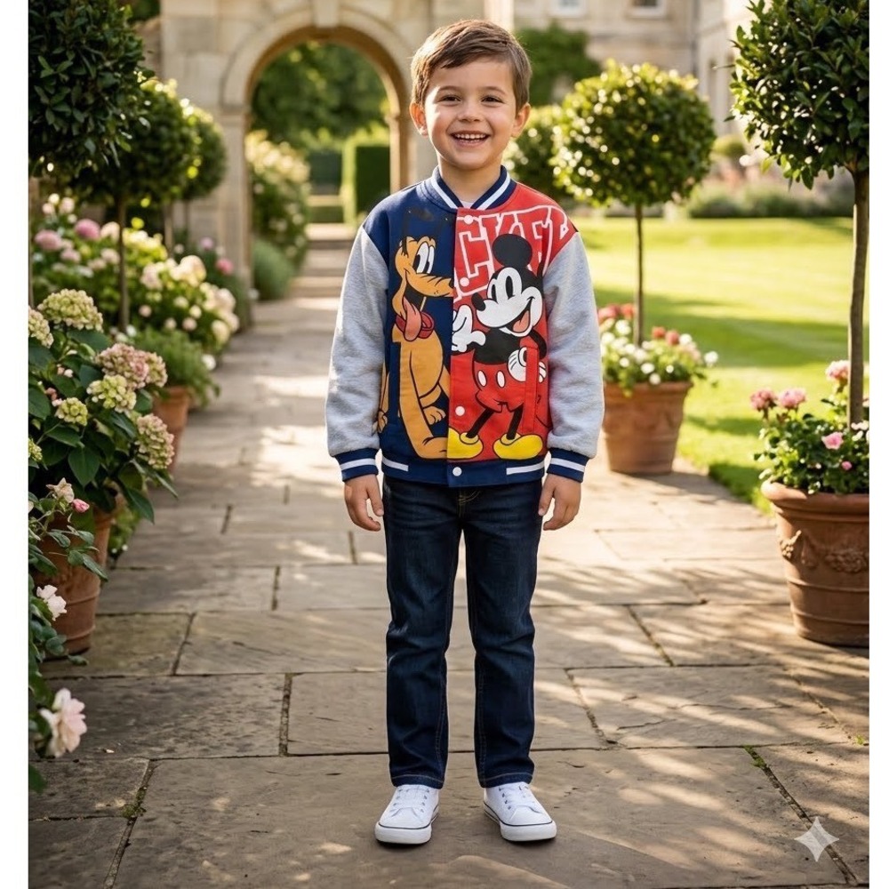 H&M Disney Mickey Mouse Pluto Varsity Bomber Jacket Boys 6-8 Navy Red Gray